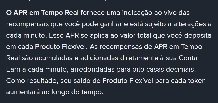 Trecho da página oficial da Binance em português definindo o APR em Tempo Real como indicação ao vivo sujeita a alterações a cada minuto, com recompensas creditadas na Conta Earn a cada minuto