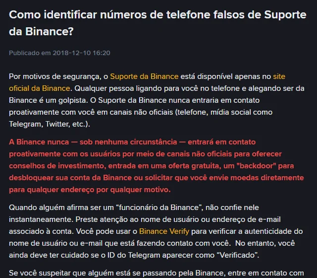 Página oficial da Binance em português explicando que qualquer pessoa que liga alegando ser da Binance é golpista e que o suporte só existe no site oficial