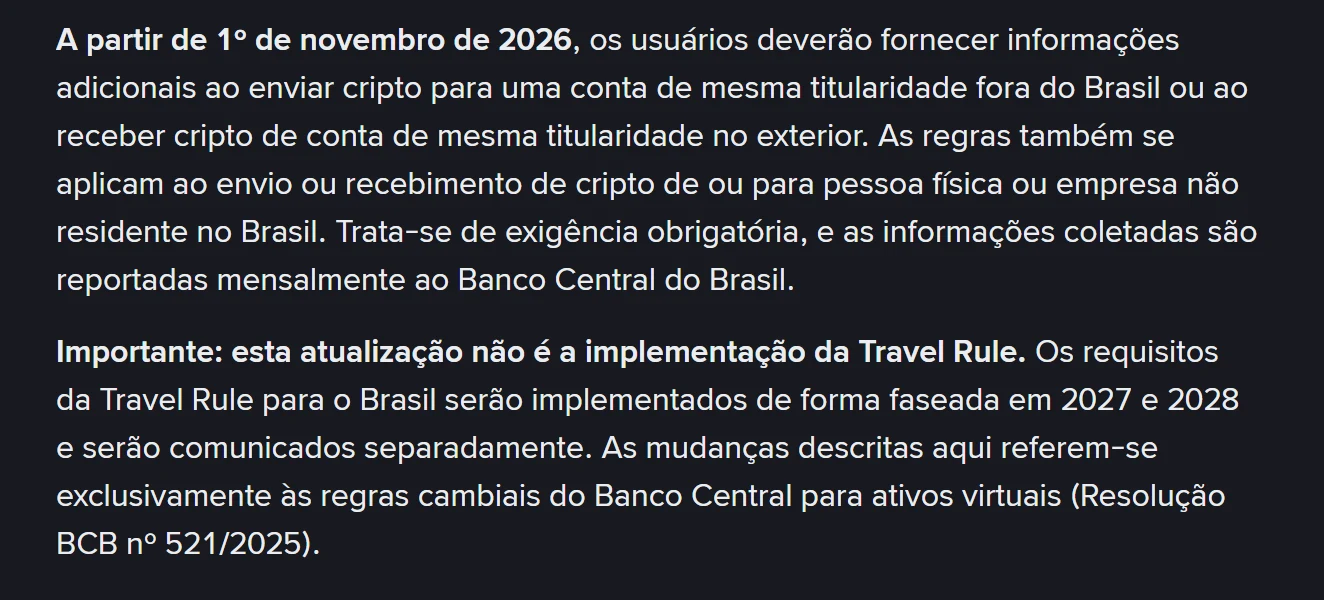 Trecho do anúncio da Binance informando que, a partir de 1º de novembro de 2026, usuários no Brasil precisarão fornecer informações adicionais em transferências internacionais de cripto, e que os dados são reportados mensalmente ao Banco Central