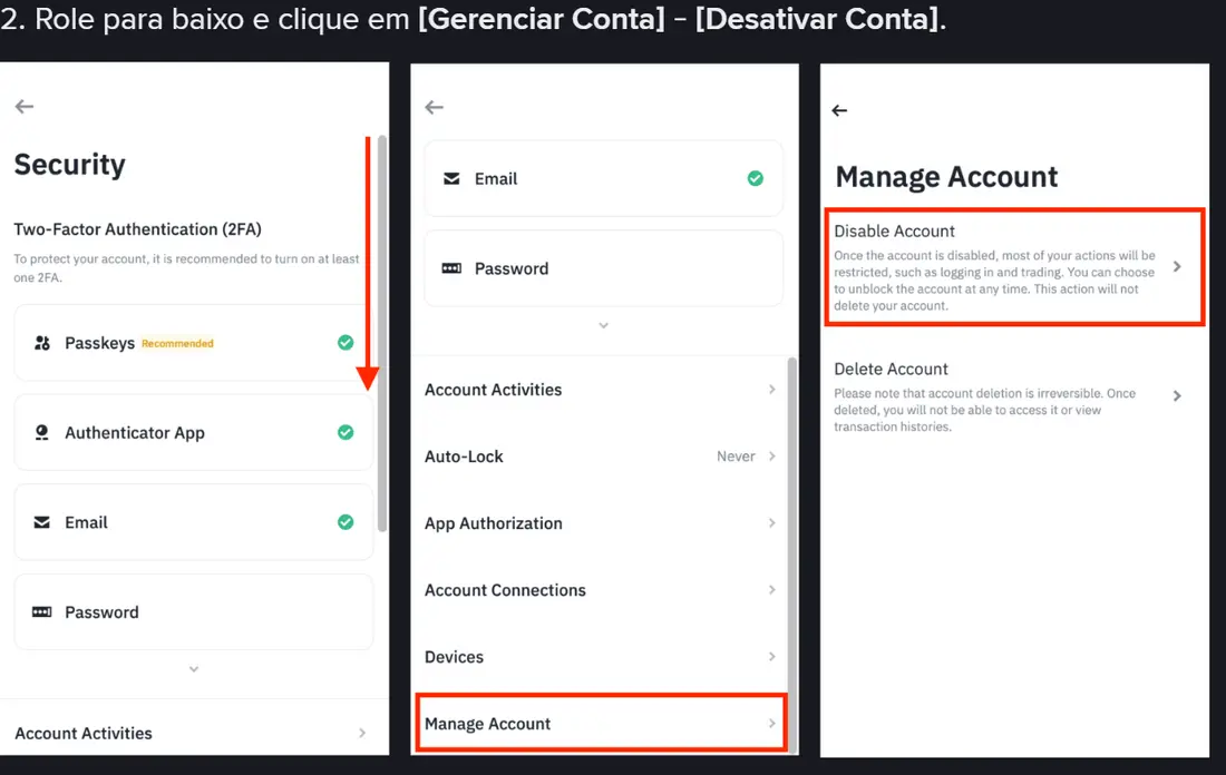 Sequência de telas do aplicativo Binance mostrando o menu Segurança, a opção Gerenciar Conta e a tela Manage Account com o item Disable Account destacado em vermelho