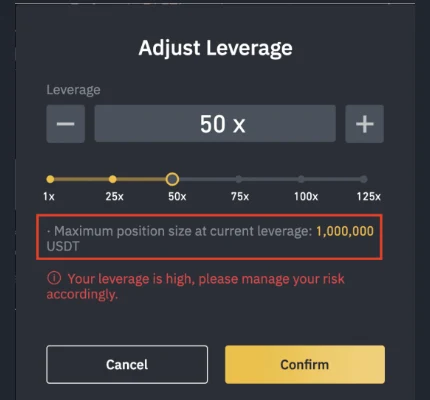 Painel oficial "Adjust Leverage" reproduzido na página de ajuda da Binance: alavancagem em 50x, tamanho máximo de posição de 1.000.000 USDT e o aviso de que a alavancagem está alta