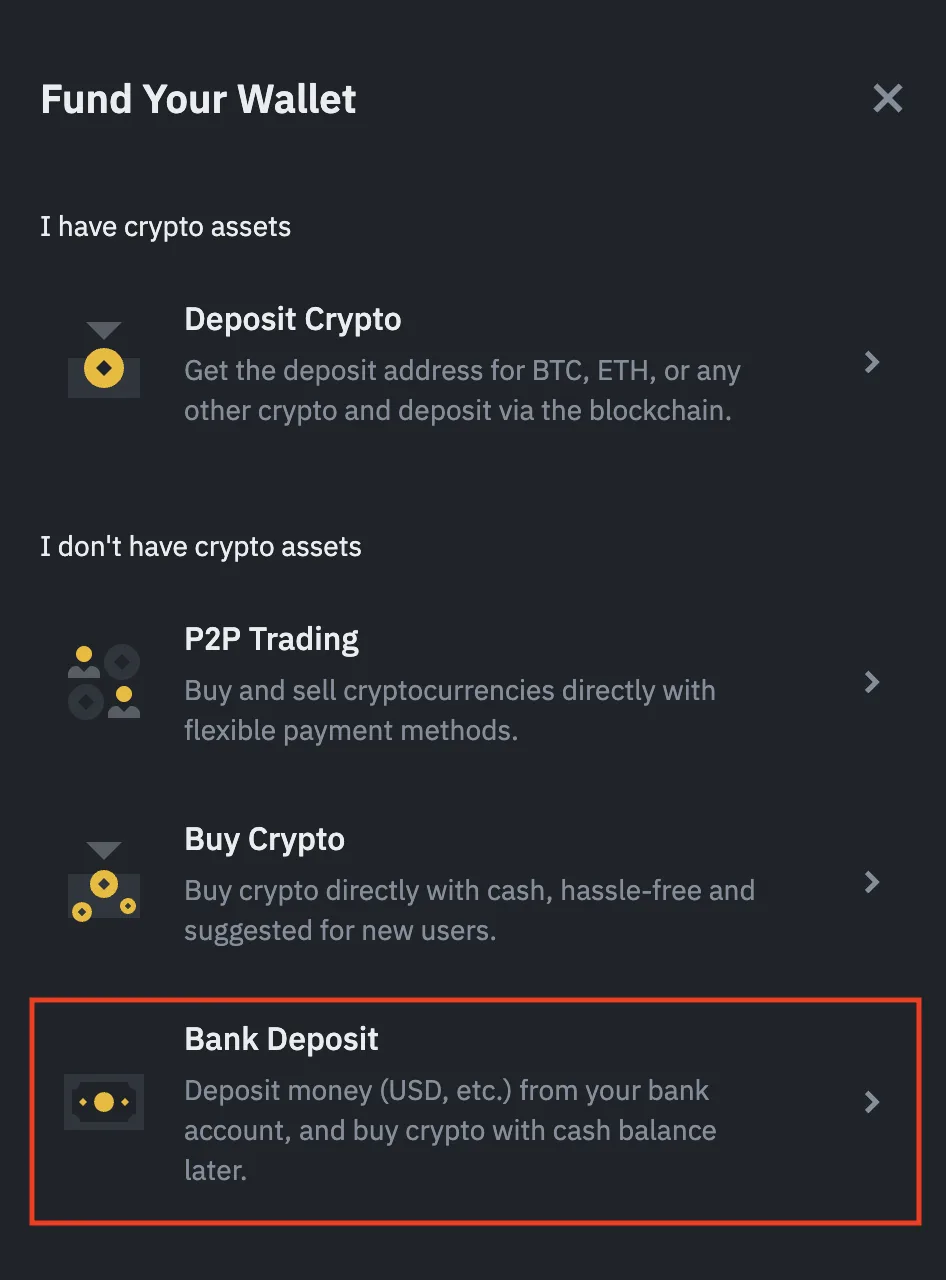 Tela oficial da Binance com o menu Fund Your Wallet, destacando a opção Bank Deposit para depósito bancário.