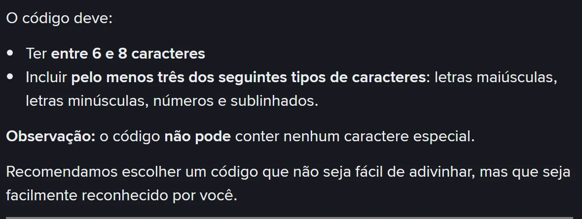 Regras oficiais do código antiphishing da Binance: entre 6 e 8 caracteres, pelo menos três tipos de caracteres e nenhum caractere especial