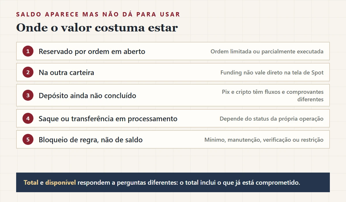 Cinco lugares onde o saldo costuma estar quando aparece no total mas não fica disponível: reservado por ordem aberta, na outra carteira, depósito não concluído, saque em processamento ou bloqueio de regra