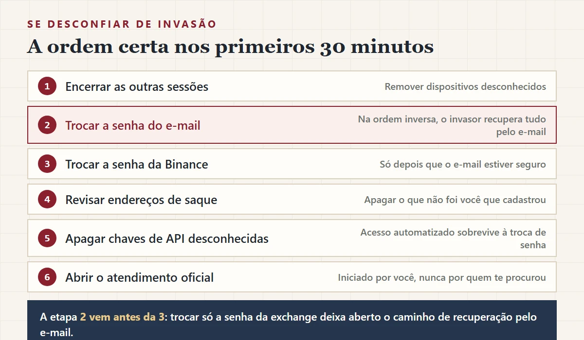 Sequência numerada de reação a uma suspeita de invasão: encerrar sessões, trocar a senha do e-mail, depois a da Binance, revisar endereços de saque, apagar chaves de API e abrir o atendimento oficial