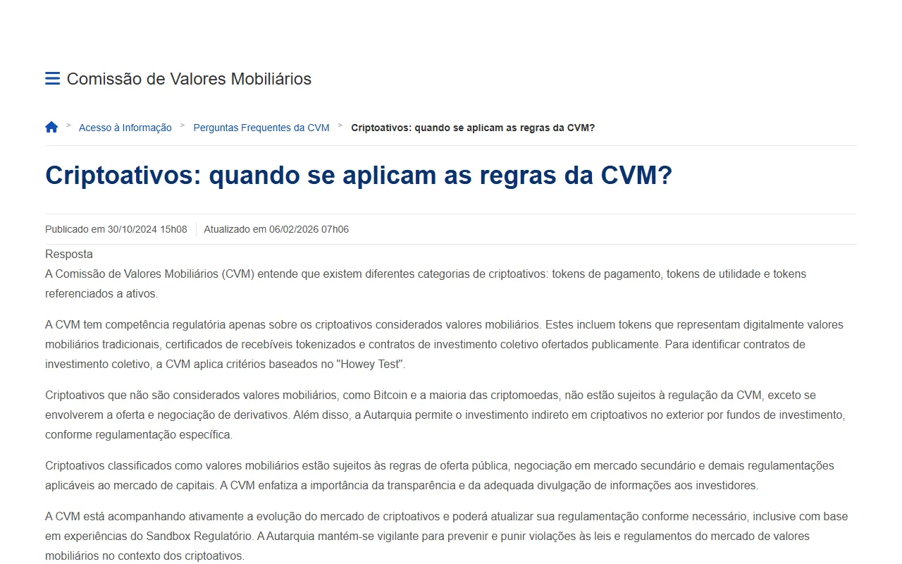 巴西證券交易委員會 CVM 官方 FAQ 頁面,標題為 Criptoativos: quando se aplicam as regras da CVM?,並顯示 2026 年 2 月 6 日更新日期與證券型加密資產適用說明