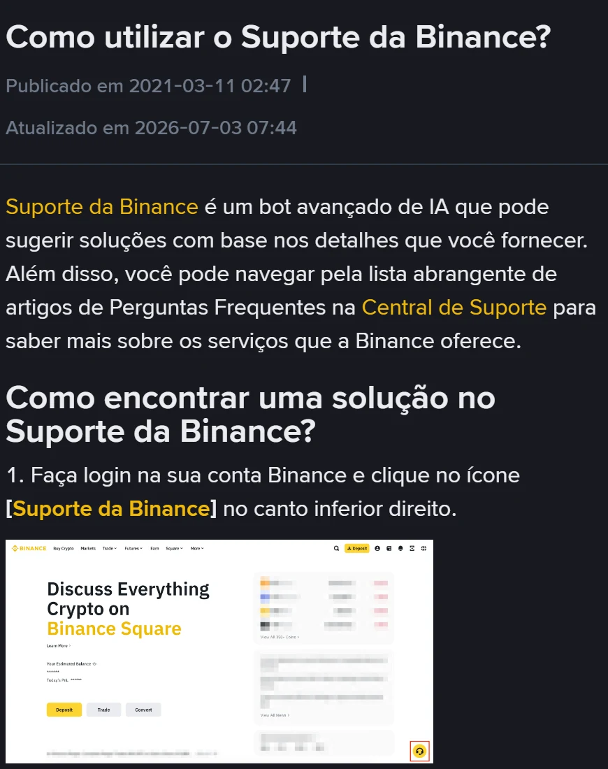 Topo do artigo oficial da Binance em português com a data de atualização, a explicação de que o Suporte da Binance é um bot de IA e a etapa 1 indicando o ícone de suporte no canto inferior direito, destacado em vermelho na captura do site
