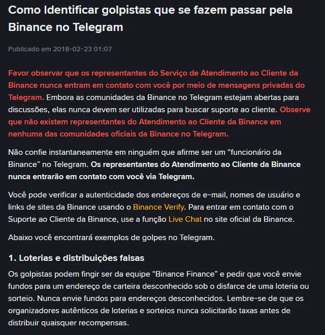 Página oficial da Binance sobre golpistas no Telegram, com o trecho sobre loterias e distribuições falsas