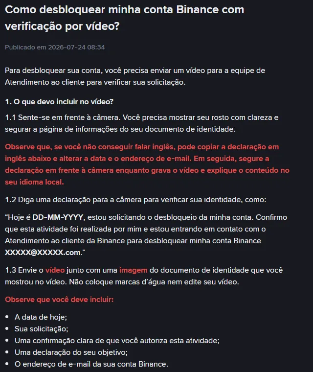 Página oficial da Binance em português explicando o que incluir no vídeo de desbloqueio: rosto, documento, declaração com data e e-mail da conta