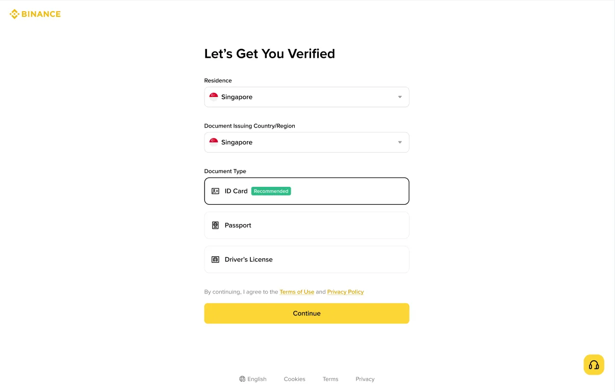 Exemplo oficial da Binance mostrando os campos de residência, país emissor e tipo de documento antes do envio