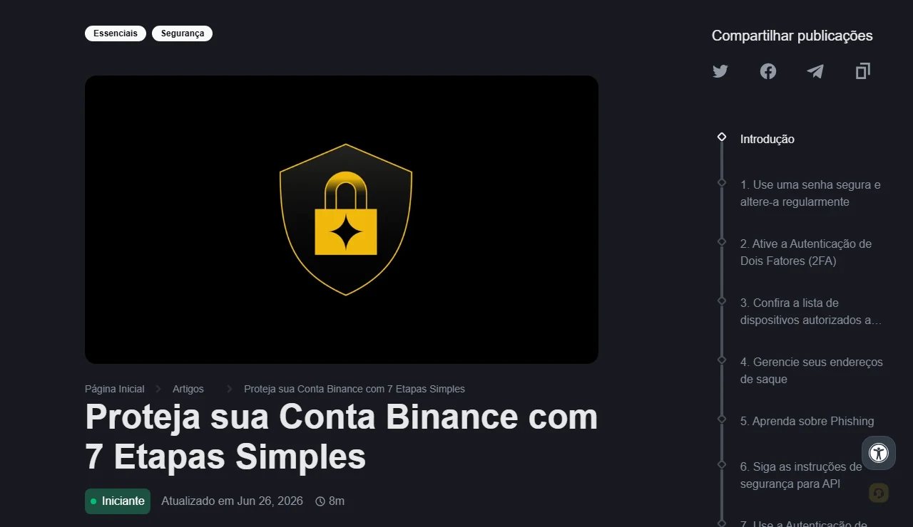 Página oficial da Binance Academy em português com o guia de sete etapas de segurança e o sumário lateral: senha, 2FA, dispositivos autorizados, endereços de saque, phishing, API e U2F