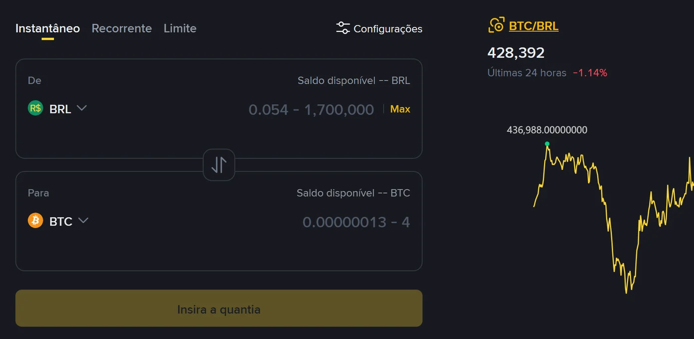 Tela pública do Binance Convert de BRL para BTC mostrando a faixa aceita a partir de 0,054 BRL, sem login