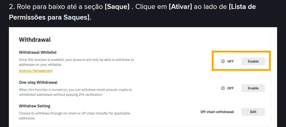 Passo 2 do artigo oficial da Binance em português: a seção Saque, com a linha Withdrawal Whitelist em OFF e o botão Enable destacado em amarelo
