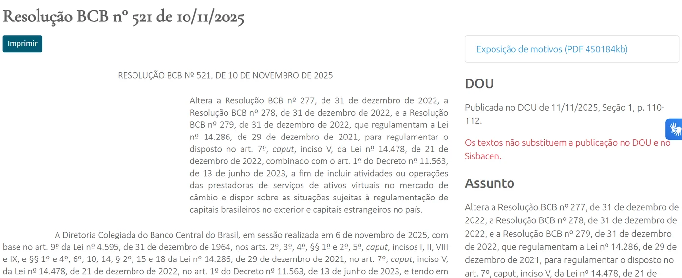 Página do Banco Central com a Resolução BCB nº 521 de 10/11/2025 e o resumo de que ela altera as Resoluções 277, 278 e 279 de 2022 para incluir operações de prestadoras de serviços de ativos virtuais no mercado de câmbio