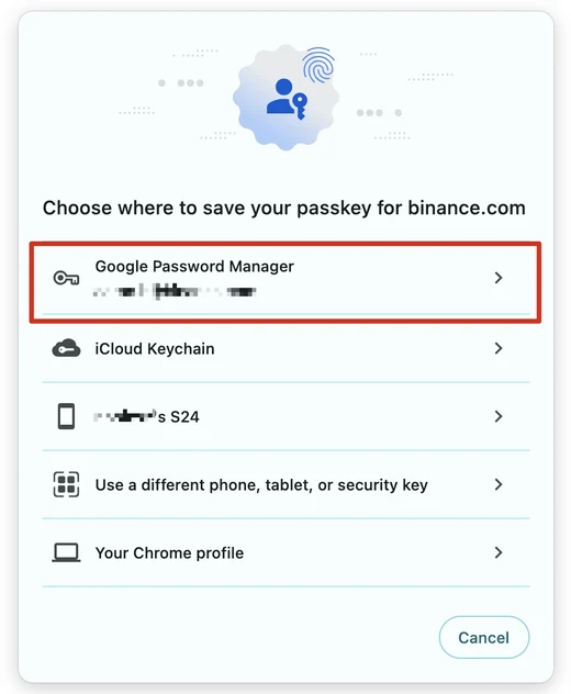 幣安網頁版建立通行密鑰時,Chrome 跳出的「Choose where to save your passkey for binance.com」選單,由上而下列出 Google Password Manager(以紅框標示)、iCloud Keychain、名為 S24 的手機、使用其他手機平板或安全性密鑰、以及 Your Chrome profile 五個儲存位置
