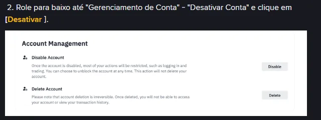Tela Account Management da Binance com as opções Disable Account, que pode ser revertida, e Delete Account, que é irreversível