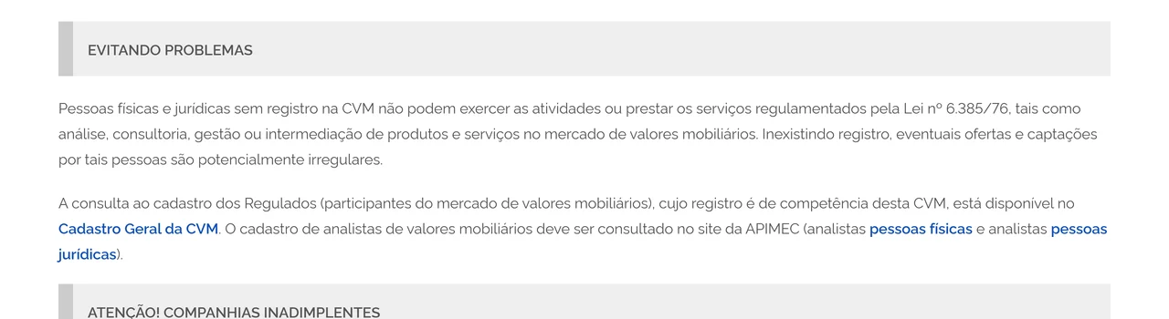 Bloco "Evitando problemas" na página de Alertas da CVM, com o trecho sobre pessoas sem registro e o link para o Cadastro Geral da CVM