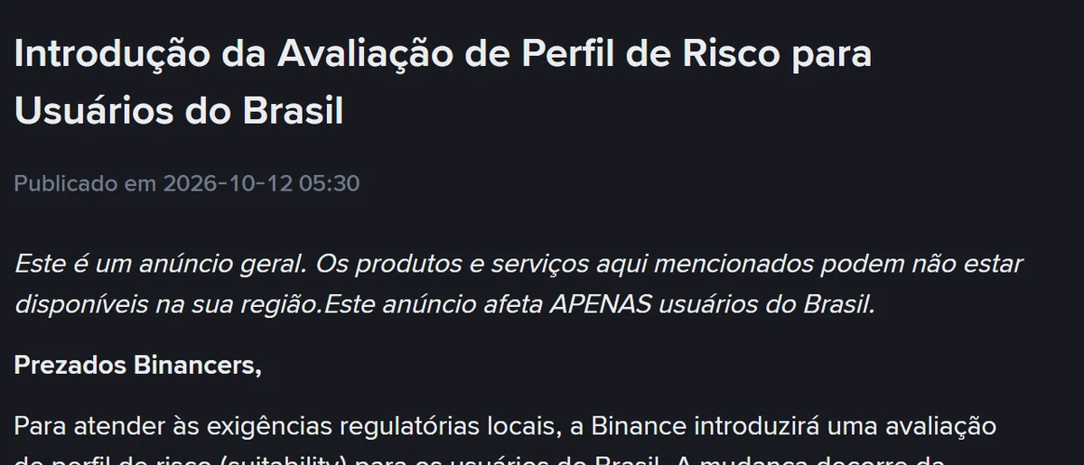 Binance vai pedir uma avaliação de perfil de risco no Brasil a partir de 30/10/2026