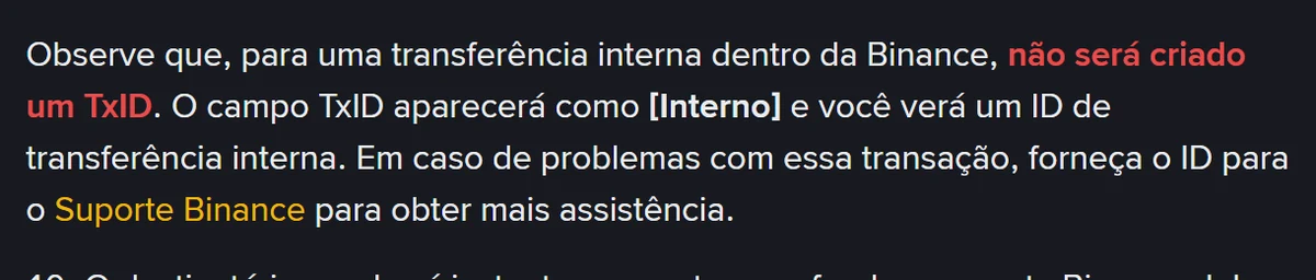 Trecho da página oficial da Binance explicando que a transferência interna não gera TxID e que o campo aparece como "Interno" com um ID de transferência interna
