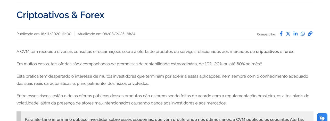 Página Criptoativos & Forex da CVM com o trecho sobre promessas de rentabilidade de 10%, 20% ou até 60% ao mês