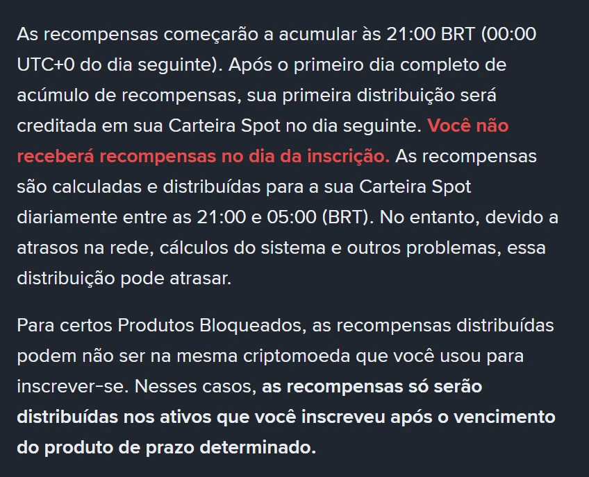 Trecho da página oficial da Binance em português informando que as recompensas começam a acumular às 21:00 BRT, que não há recompensa no dia da inscrição e que a distribuição diária ocorre entre 21:00 e 05:00 BRT