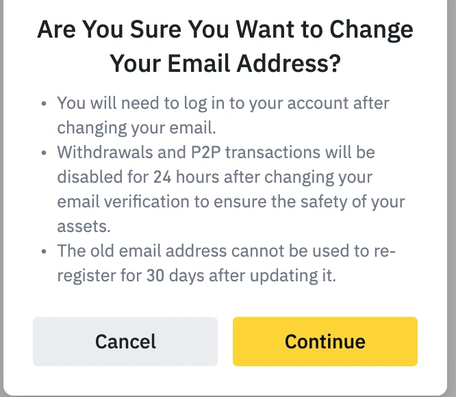 Caixa de confirmação da Binance com o título Are You Sure You Want to Change Your Email Address e três avisos: será necessário entrar na conta de novo, saques e transações P2P ficam desativados por 24 horas e o e-mail antigo não pode ser reutilizado por 30 dias
