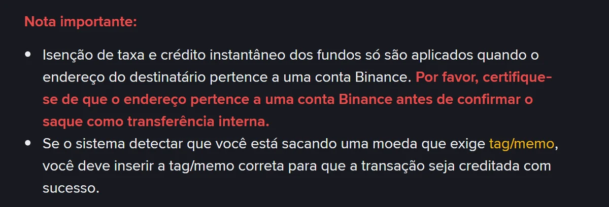 Aviso "Nota importante" na página oficial da Binance em português: a isenção de taxa e o crédito instantâneo só valem quando o endereço do destinatário pertence a uma conta Binance