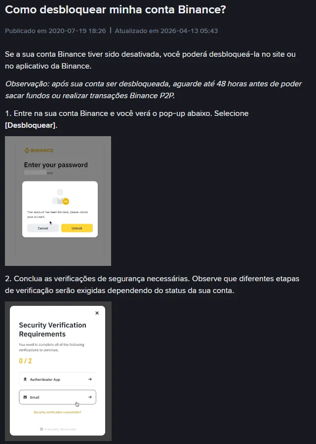 Página oficial da Binance em português mostrando o pop-up de conta bloqueada com o botão Unlock e a tela de requisitos de verificação de segurança