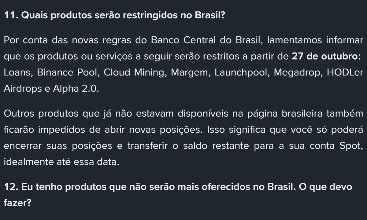 Pergunta 11 do comunicado oficial, listando os produtos restritos a partir de 27 de outubro e explicando que só será possível encerrar posições e transferir o saldo para a conta Spot
