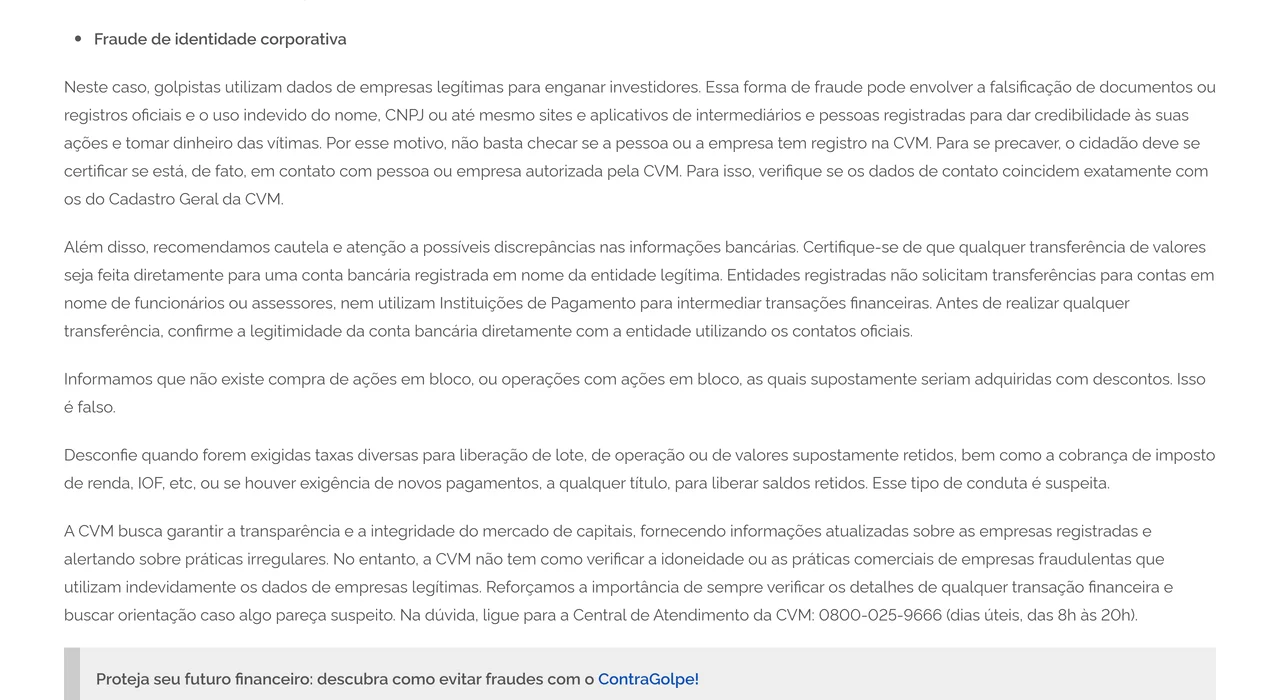 Trecho da página "Ofertas / Atuações irregulares" da CVM sobre fraude de identidade corporativa, discrepâncias bancárias e cobrança de taxas para liberar saldos