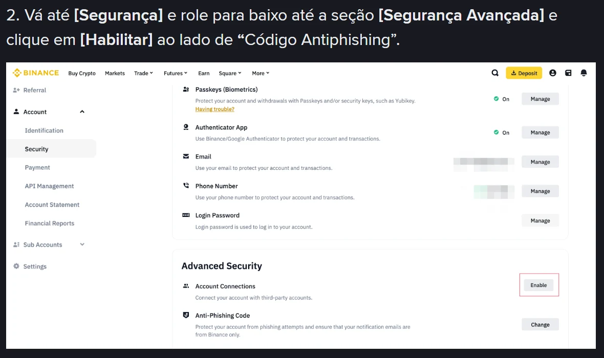 Tela de segurança da conta Binance com a seção Segurança Avançada aberta e a linha do Código Antiphishing com o botão de ativação