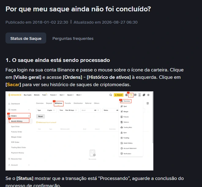 Página de ajuda da Binance em português com o título "Por que meu saque ainda não foi concluído?", atualizada em 27/08/2026, mostrando o caminho Ordens › Histórico de ativos › Sacar para ver o histórico de saques