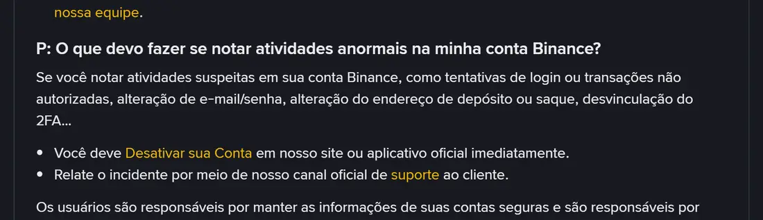 Trecho da página oficial de dicas de segurança da Binance em português, com a pergunta sobre atividades anormais na conta e a orientação de desativar a conta imediatamente e relatar o incidente pelo canal oficial de suporte