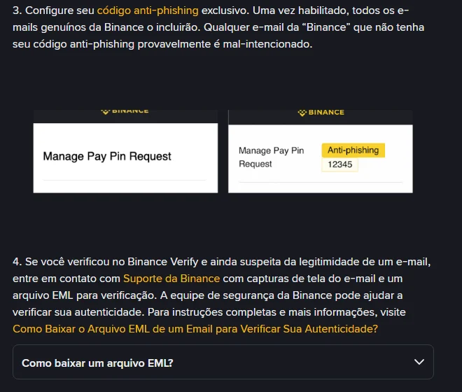 Artigo oficial da Binance mostrando a orientação de configurar o código anti-phishing, com a comparação entre um e-mail sem o código e outro exibindo o código no topo