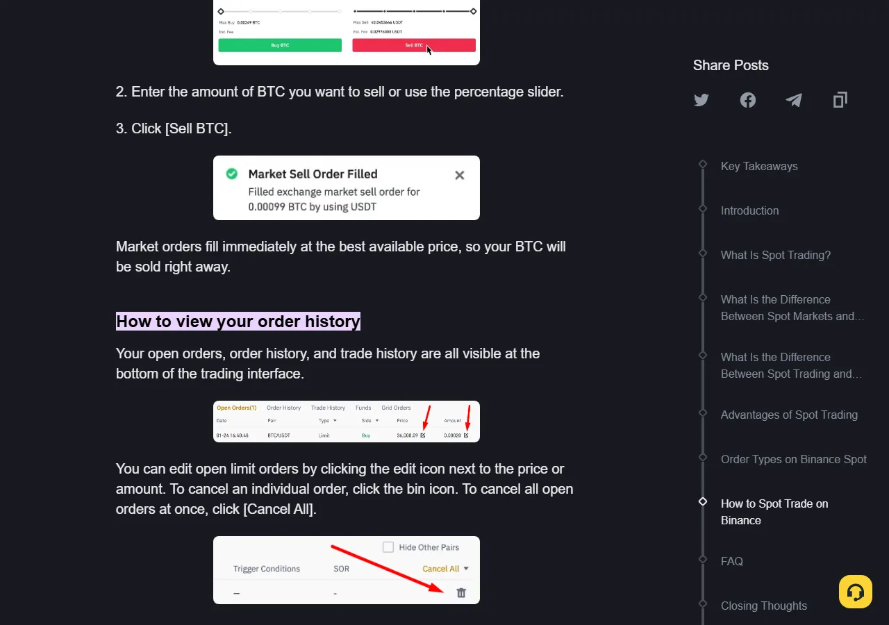 Página oficial da Binance Academy mostrando as abas Open Orders, Order History e Trade History e os controles para cancelar ordens abertas