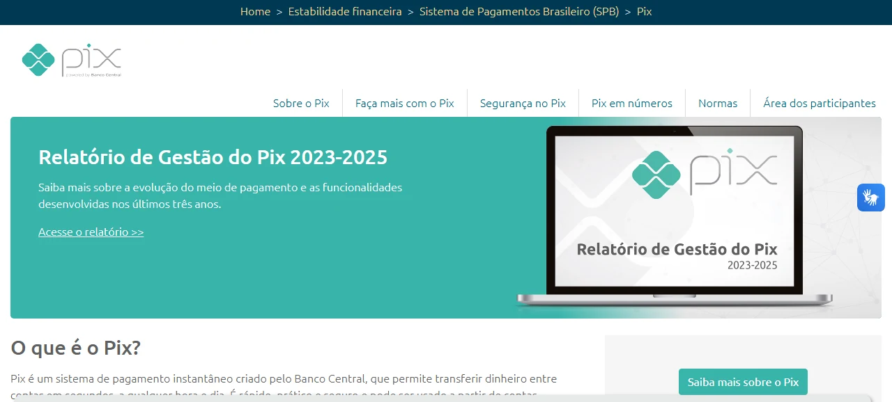 Página oficial do Pix no site do Banco Central do Brasil, com as seções Sobre o Pix, Segurança no Pix, Pix em números e Normas