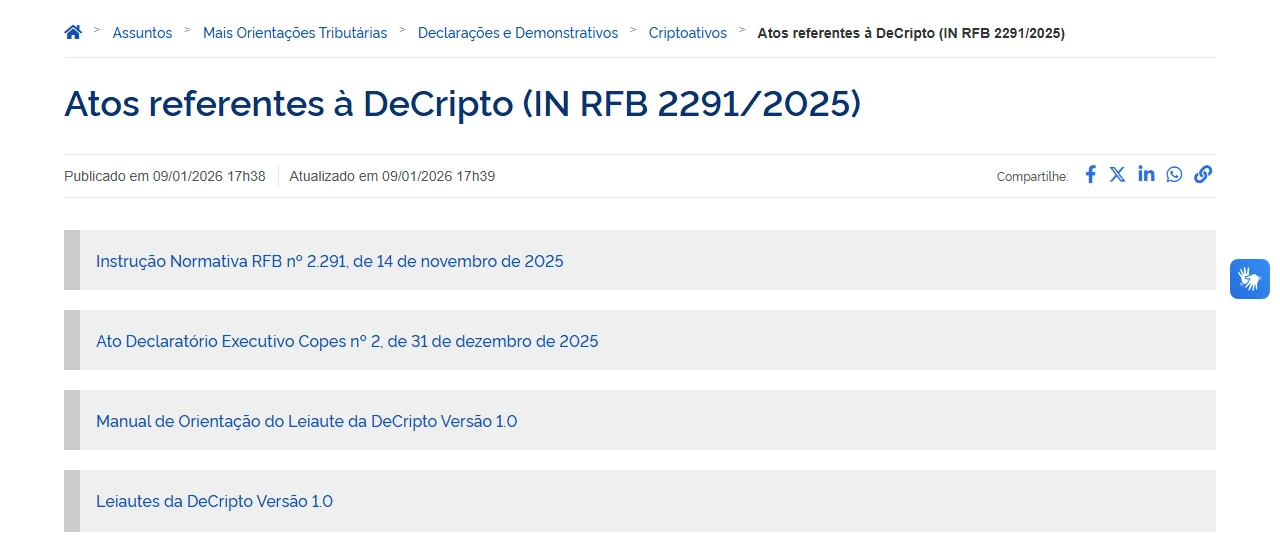 Página oficial da Receita Federal com os atos referentes à DeCripto, listando a Instrução Normativa RFB nº 2.291 de 14 de novembro de 2025, o Ato Declaratório Executivo Copes nº 2 e o manual e leiautes da DeCripto versão 1.0