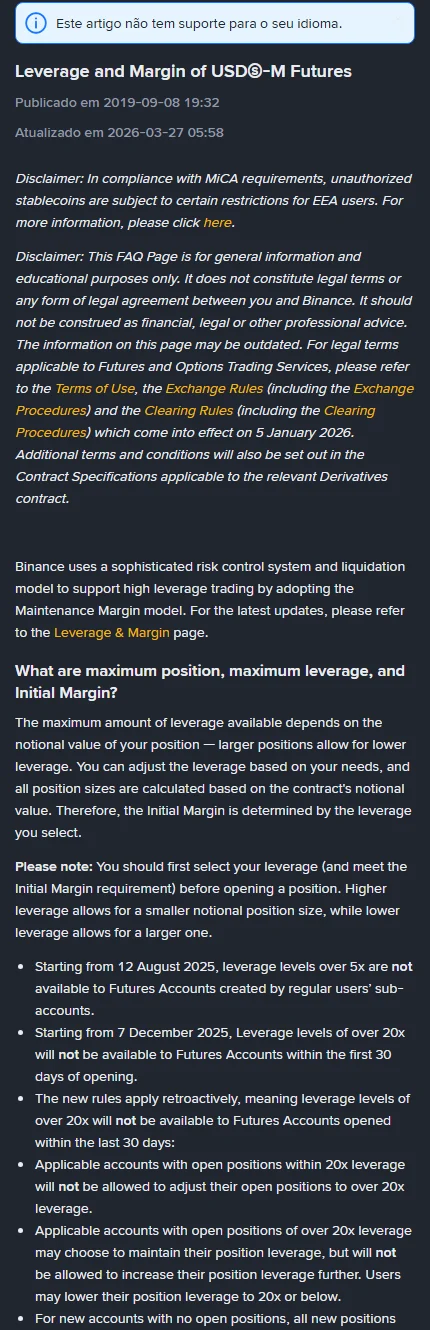 Trecho da página oficial da Binance sobre alavancagem e margem de futuros USDⓈ-M, com aviso de que o artigo não tem versão em português e a lista de limites de alavancagem para contas novas
