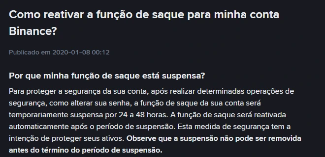 Página oficial da Binance em português explicando que a função de saque fica suspensa por 24 a 48 horas após operações de segurança e que a suspensão não pode ser removida antes do prazo