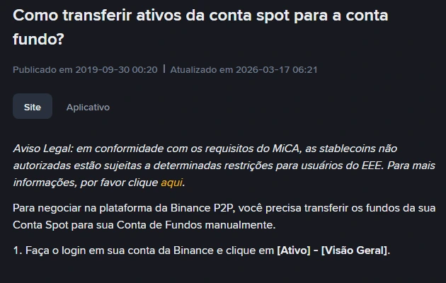 Página de suporte da Binance informando que para negociar no P2P é preciso transferir os fundos da conta Spot para a conta de Fundos manualmente
