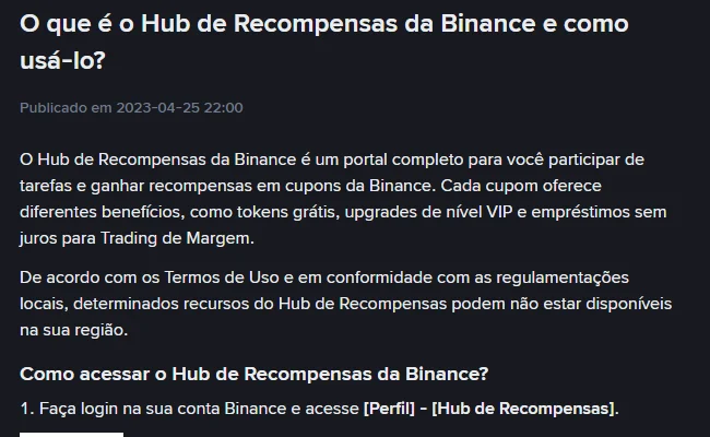 Página oficial do Hub de Recompensas da Binance explicando o acesso por Perfil e a limitação por região