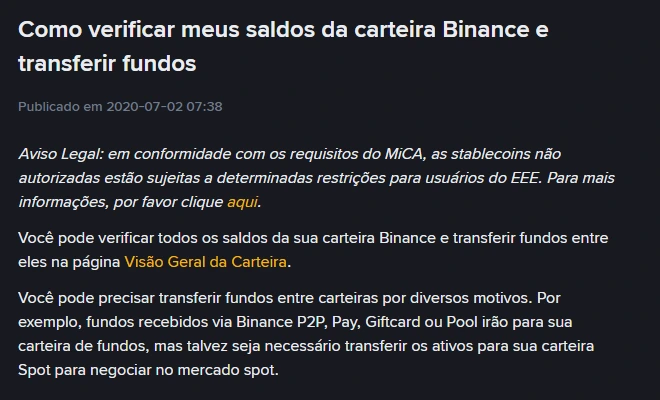 Trecho da página de suporte da Binance em português explicando que fundos recebidos via P2P, Pay, Giftcard ou Pool vão para a carteira de fundos