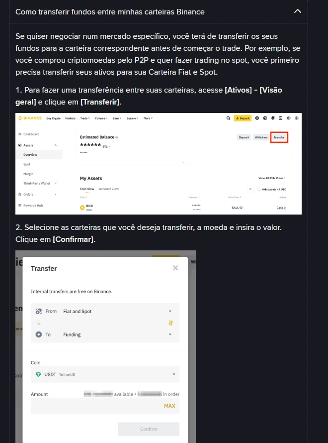 Passo a passo oficial da transferência entre carteiras Binance no site, com a janela Transferir mostrando origem Fiat and Spot e destino Funding