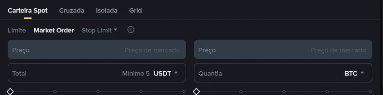 Painel de ordens da Binance em português com as abas Limite, Market Order e Stop Limit; no modo mercado o campo de preço mostra Preço de mercado e o campo Total indica mínimo de 5 USDT
