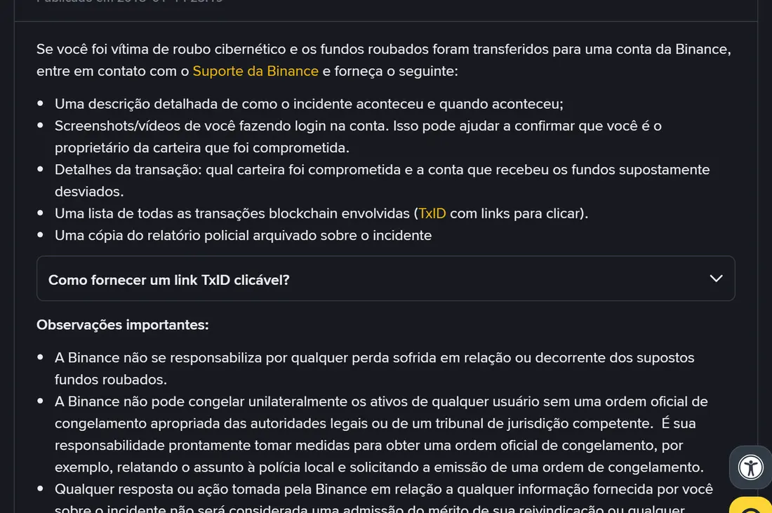 Trecho da página oficial da Binance sobre denunciar fundos roubados, com a lista de itens a enviar ao suporte e o aviso de que a Binance não pode congelar ativos sem ordem oficial das autoridades