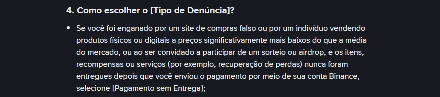 Trecho da página oficial da Binance indicando a categoria Pagamento sem Entrega para sorteios e airdrops não entregues