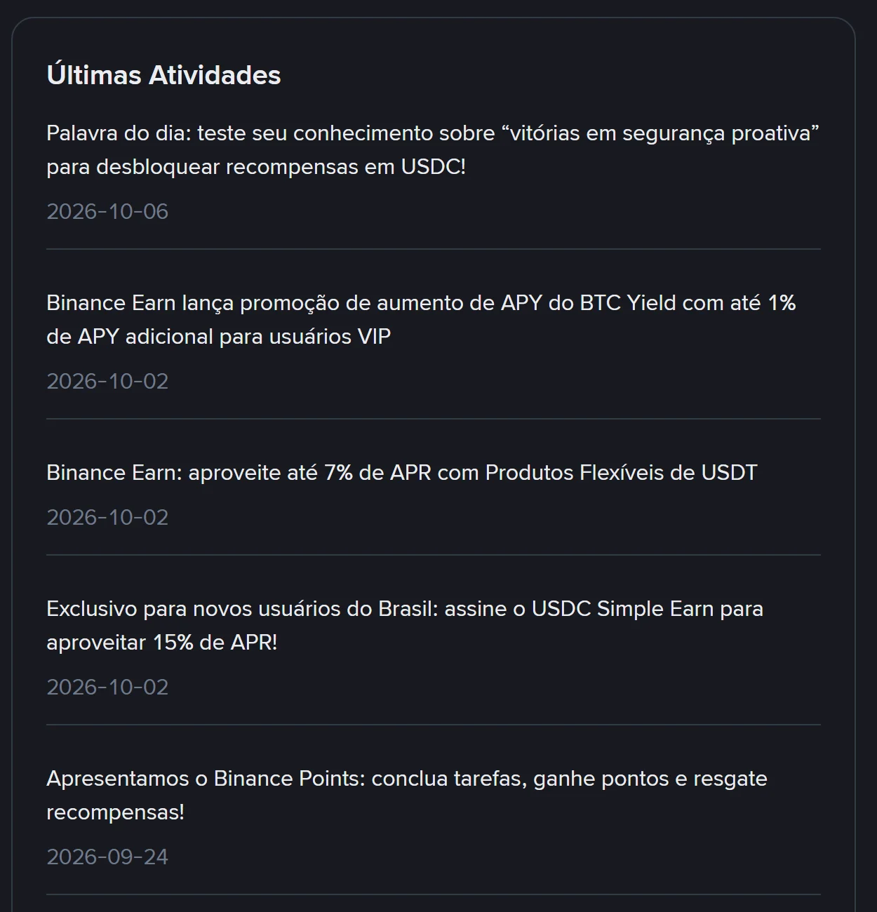 Lista Últimas Atividades no site da Binance, com campanhas oficiais e as respectivas datas de publicação