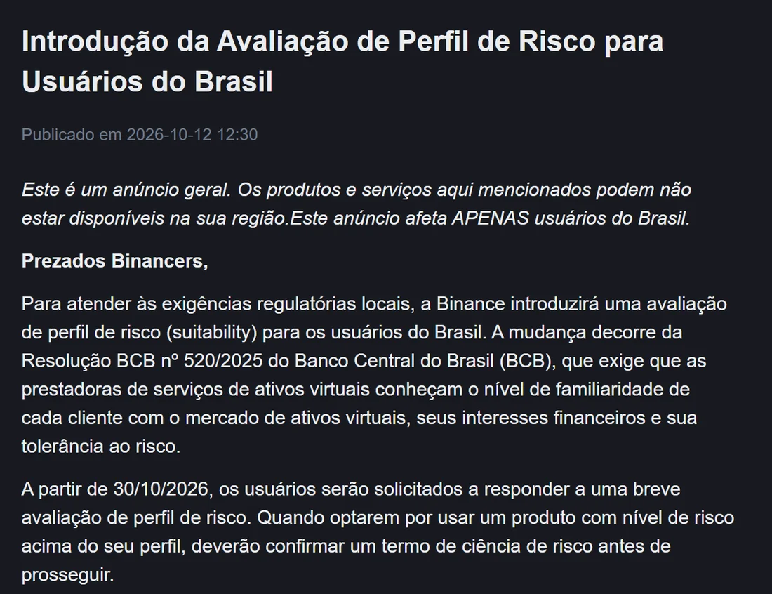 Comunicado oficial da Binance de 12/10/2026 sobre a avaliação de perfil de risco para usuários do Brasil