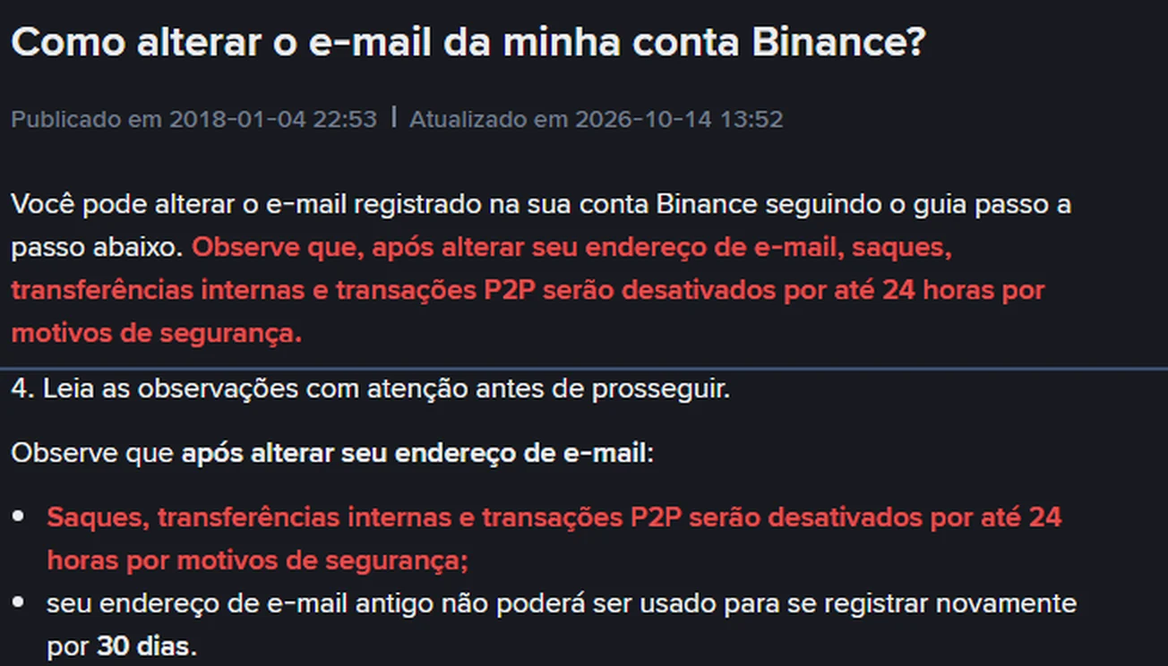 Trecho da página oficial da Binance em português sobre alteração de e-mail, com o aviso em vermelho de que saques, transferências internas e transações P2P ficam desativados por até 24 horas e de que o e-mail antigo não pode ser usado para registro novamente por 30 dias