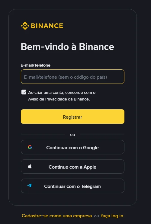Página oficial de registro da Binance em português do Brasil, com o campo E-mail/Telefone, a caixa marcada de concordância com o Aviso de Privacidade, o botão Registrar e as opções Continuar com o Google, Continue com a Apple e Continuar com o Telegram